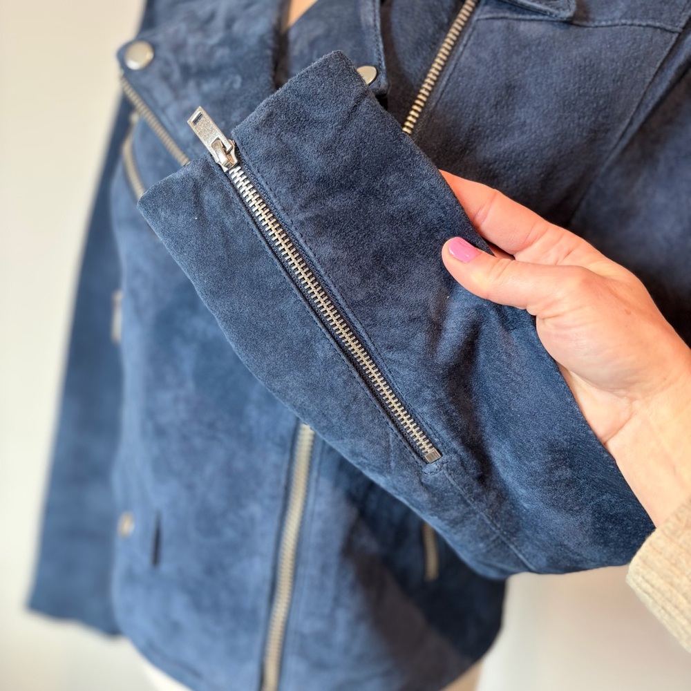MNG Mango Navy Suede Moto Jacket - Picture 6 of 7